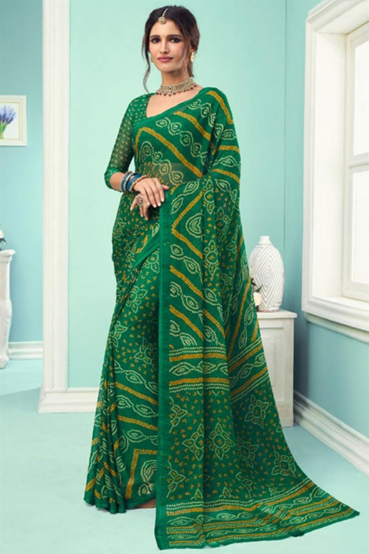 Vartika Singh Chiffon Silk Dark Green Color Regular Wear Bandhej Print Saree