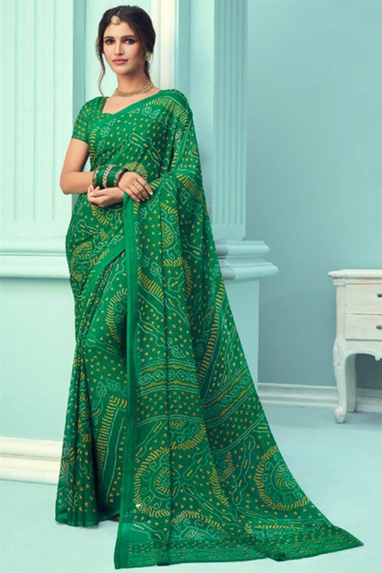Vartika Singh Dark Green Color Chiffon Silk Fabric Bandhej Print Daily Wear Saree