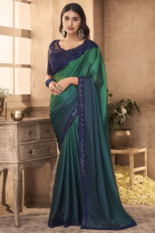 Teal Color Incredible Art Silk Fabric Saree With Embroidered Work