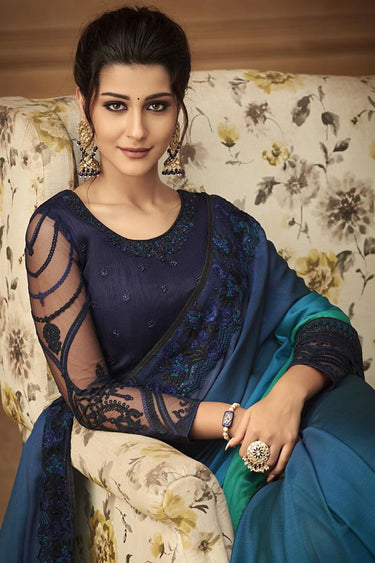 Dazzling Art Silk Fabric Embroidered Navy Blue Sangeet Wear Saree