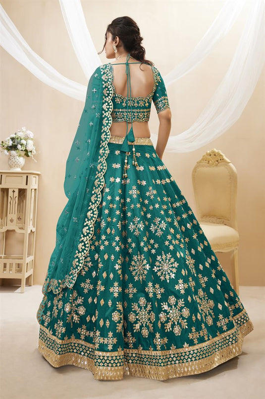 Excellent Art Silk Fabric Teal Color Lehenga Choli With Embroidered Work