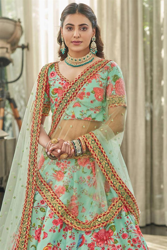 Art Silk Fabric Sea Green Color Solid Digital Printed Lehenga Choli