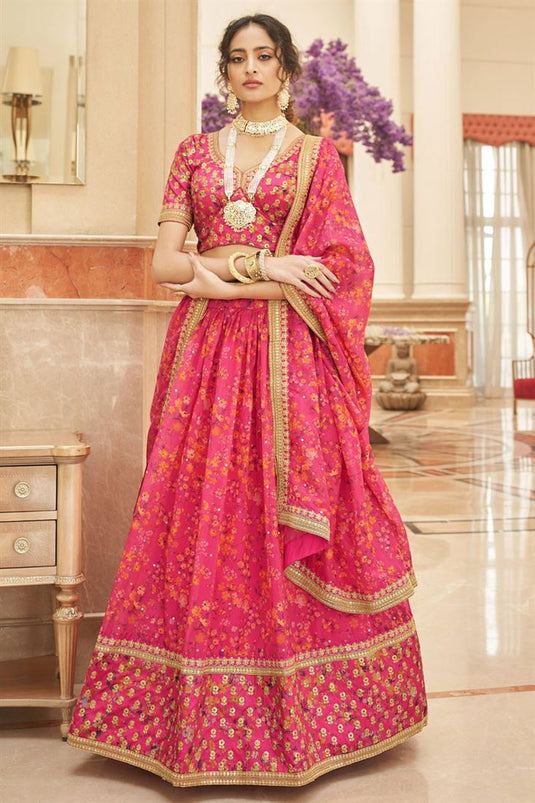 Sangeet Wear Organza Fabric Pink Color Magnificent Lehenga