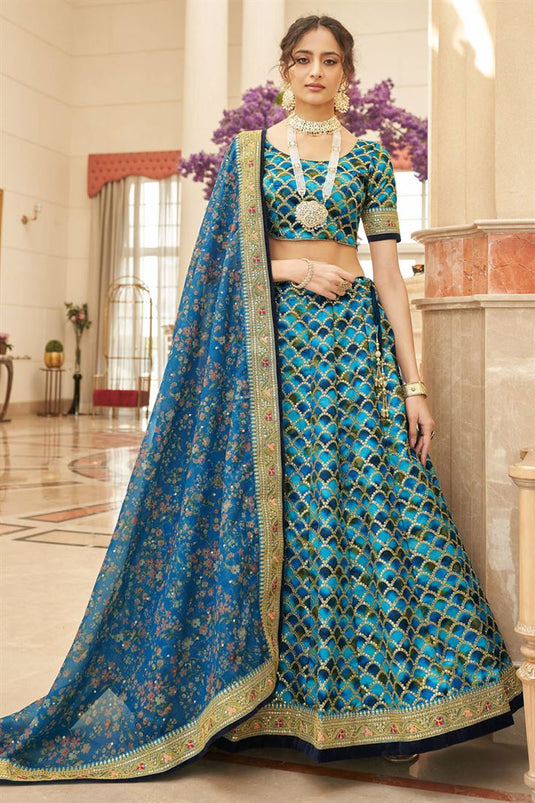 Art Silk Fabric Sangeet Wear Wondrous Lehenga In Cyan Color