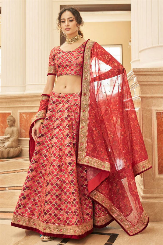 Sangeet Wear Art Silk Fabric Red Color Supreme Lehenga