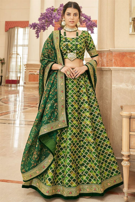 Art Silk Sangeet Wear Vintage Lehenga In Green Color