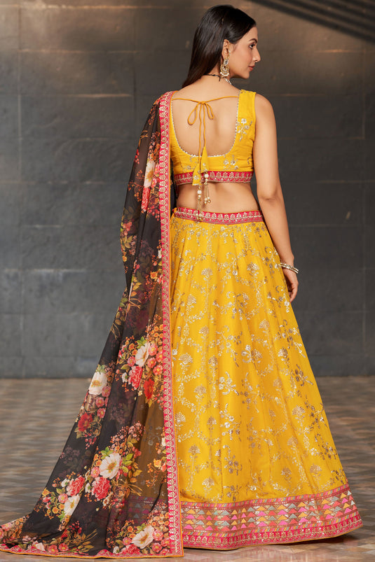 Beguiling Sequins Work On Yellow Color Georgette Fabric Lehenga