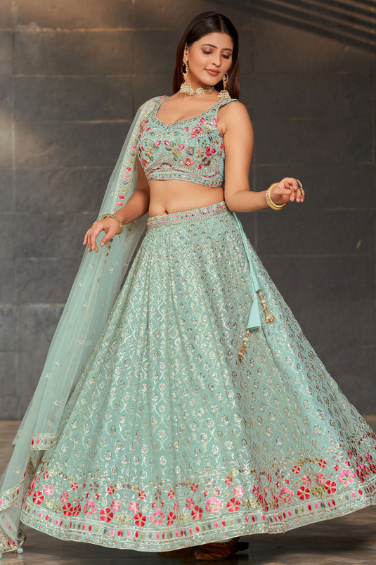 Incredible Sequins Work On Georgette Fabric Sky Blue Color Lehenga