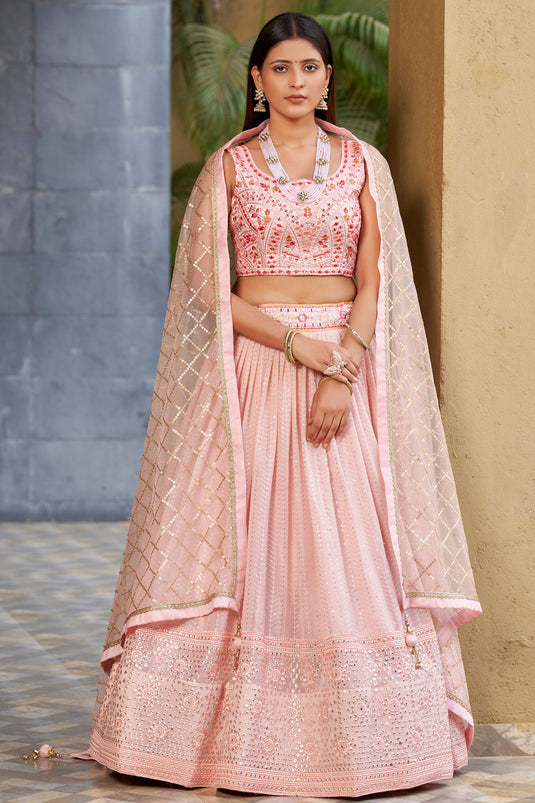 Soothing Sequins Work On Pink Color Georgette Fabric Lehenga