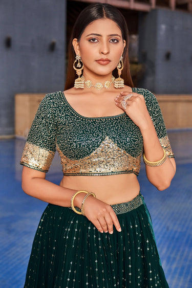 Sequins Work On Georgette Fabric Dark Green Color Gorgeous Lehenga