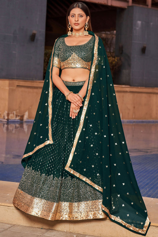 Sequins Work On Georgette Fabric Dark Green Color Gorgeous Lehenga