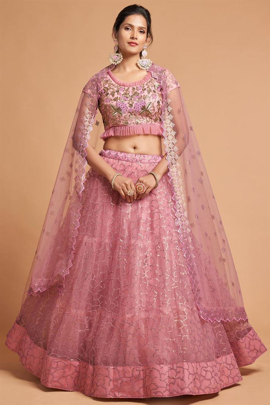 Pink Color Enthralling Sangeet Wear Net Fabric Lehenga With Embroidered Work