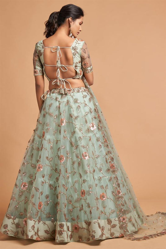 Admirable Net Fabric Embroidered Work Sea Green Color Lehenga In Sangeet Wear