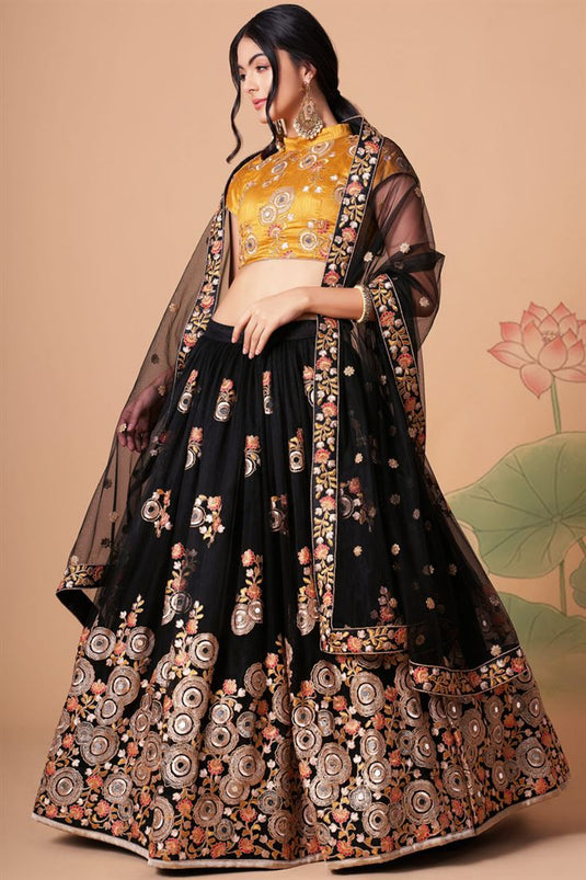 Charming Black Color Net Fabric Lehenga Choli In Sangeet Wear