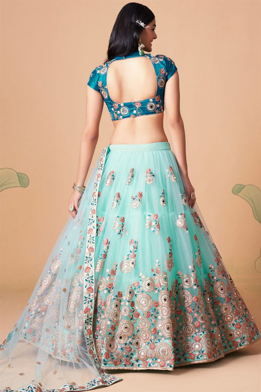 Excellent Net Fabric Light Cyan Color Lehenga Choli In Sangeet Wear