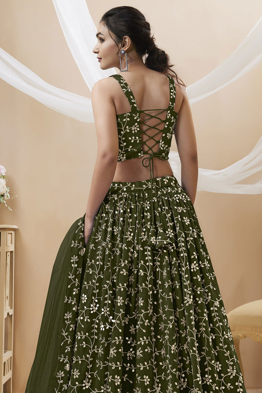 Georgette Fabric Sangeet Wear Embroidered 3 Piece Lehenga Choli In Dark Green Color