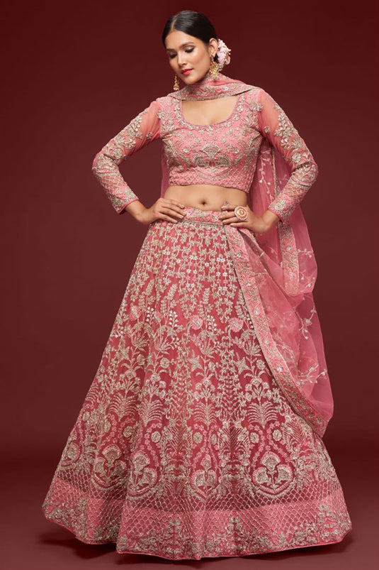 Excellent Net Pink Color Lehenga With Embroidered Work