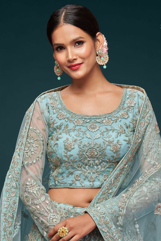 Cyan Color Embroidered Work On Net Fabric Beatific Lehenga