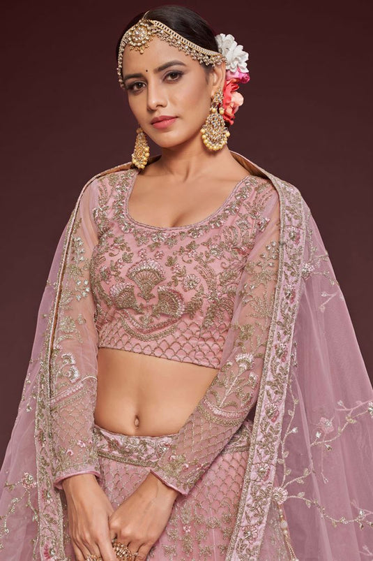 Embroidered Work On Glamorous Lehenga In Pink Color Net Fabric