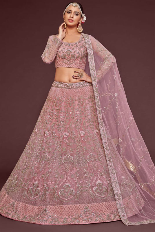 Embroidered Work On Glamorous Lehenga In Pink Color Net Fabric