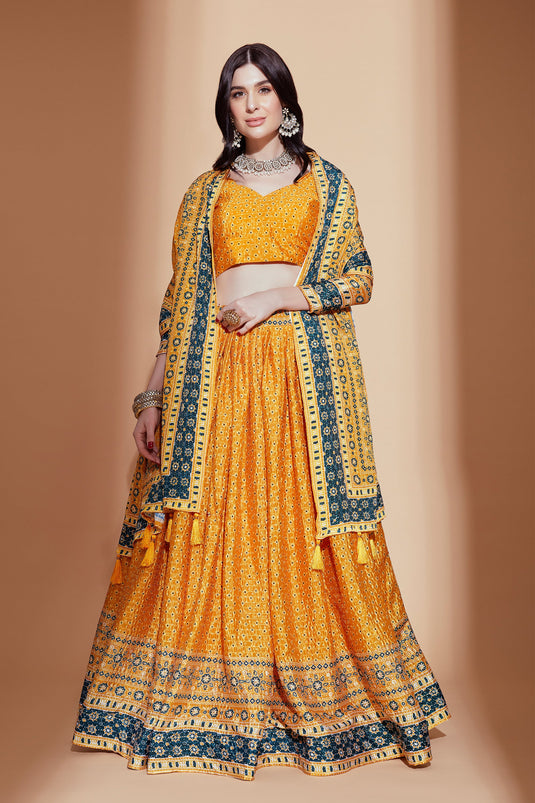 Chinon Fabric Mustard Designer 3 Piece Digital Print Lehenga Choli