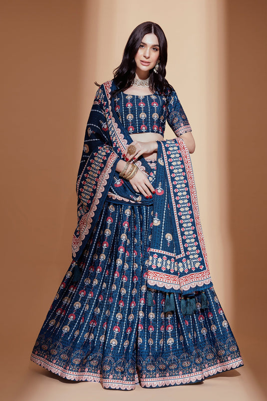 Digital Print Blue Chinon Fabric Occasion Wear Lehenga Choli