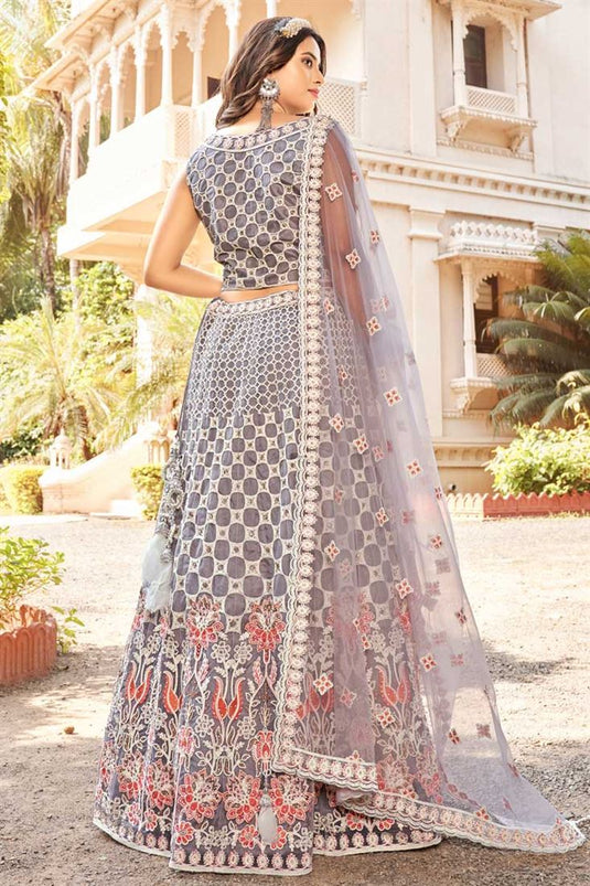 Grey Color Sangeet Wear Net Fabric Splendid Lehenga