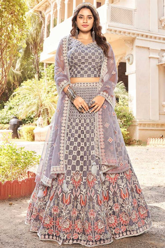 Grey Color Sangeet Wear Net Fabric Splendid Lehenga