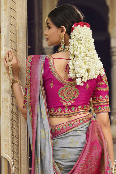 Stunning Cloud Grey Banarasi Silk Saree With Designer Blouse