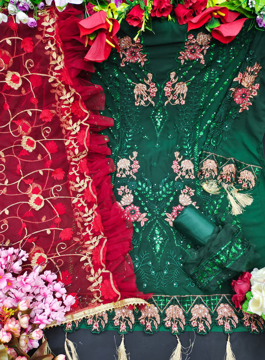 Charming Green Color Georgette Fabric Sequins Work Pakistani Replica Suit