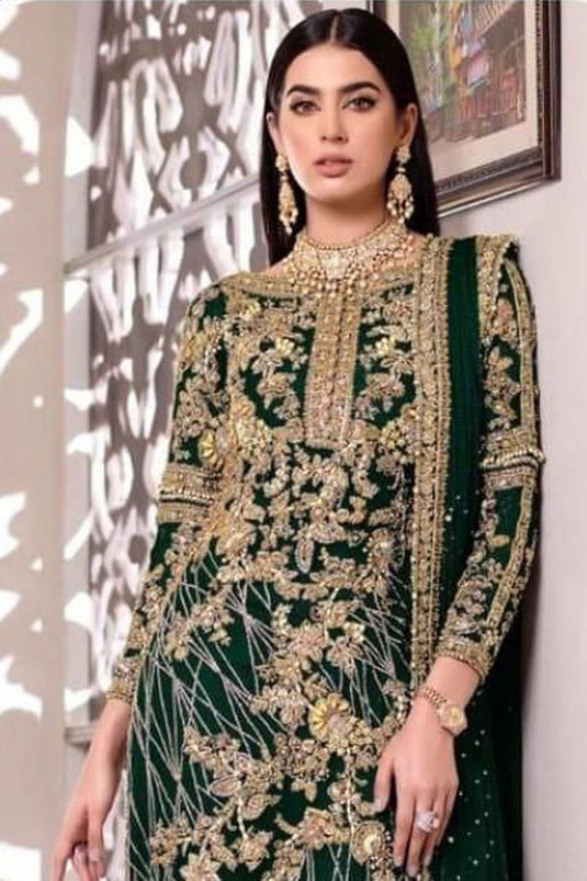 Party Wear Net Fabric Green Color Magnificent Pakistani Replica Suit