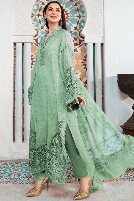 Sea Green Color Georgette Embroidered Work Embellished Pakistani Replica Suit