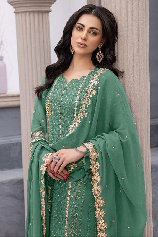 Green Color Georgette Fabric Sequins Work Awesome Pakistani Replica Suit