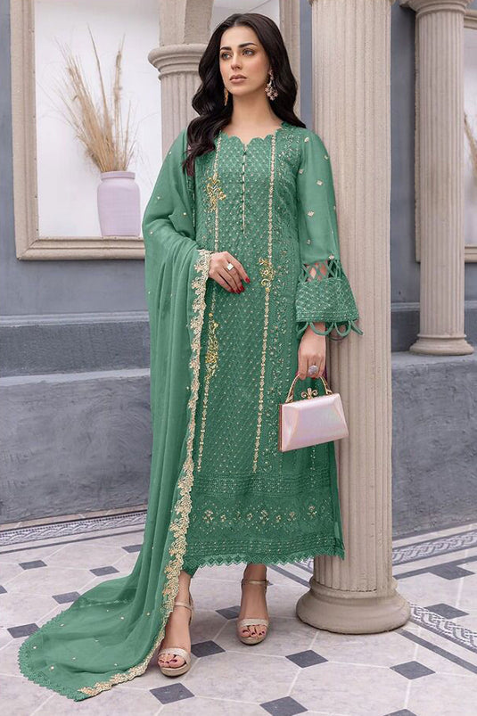 Green Color Georgette Fabric Sequins Work Awesome Pakistani Replica Suit