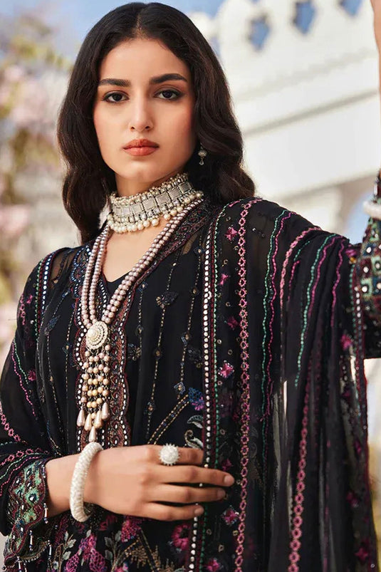 Trendy Georgette Fabric Black Color Pakistani Replica Suit With Embroidered Work