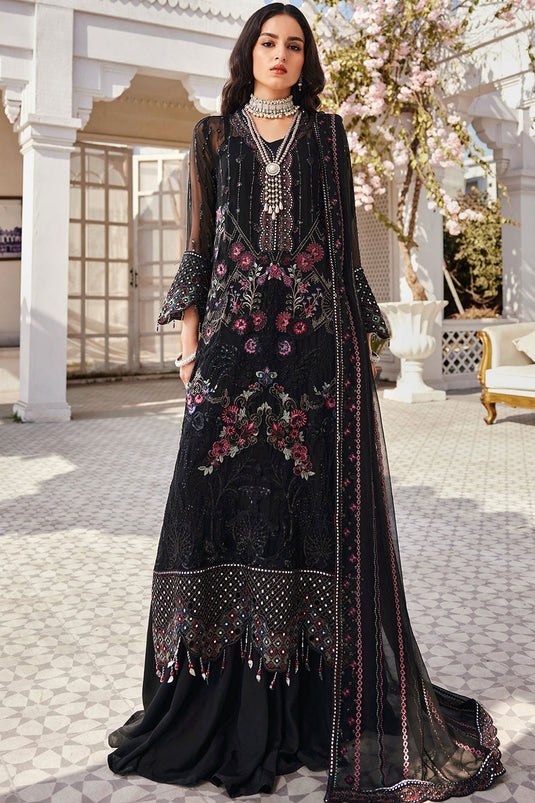 Trendy Georgette Fabric Black Color Pakistani Replica Suit With Embroidered Work