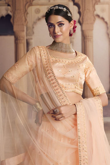 Embroidered Work Radiant Orange Color Net Fabric Lehenga