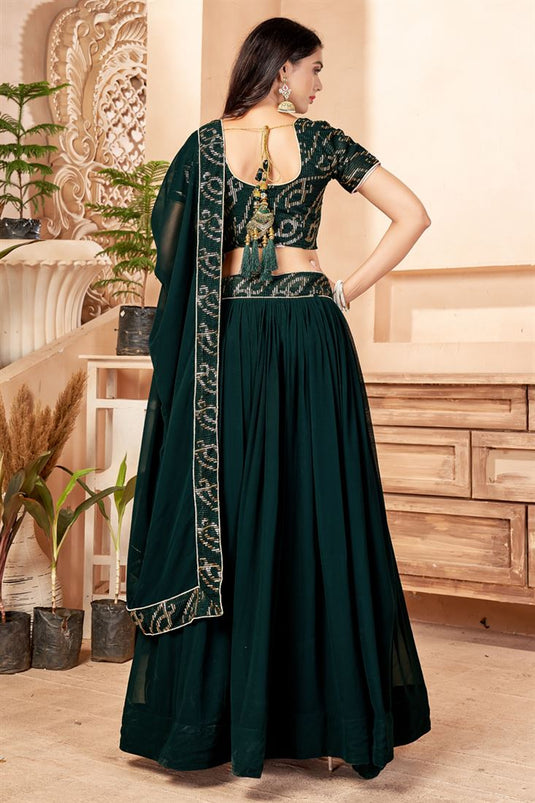 Sequins Work On Dark Green Designer Lehenga Choli In Georgette Fabric With Beautiful Blouse