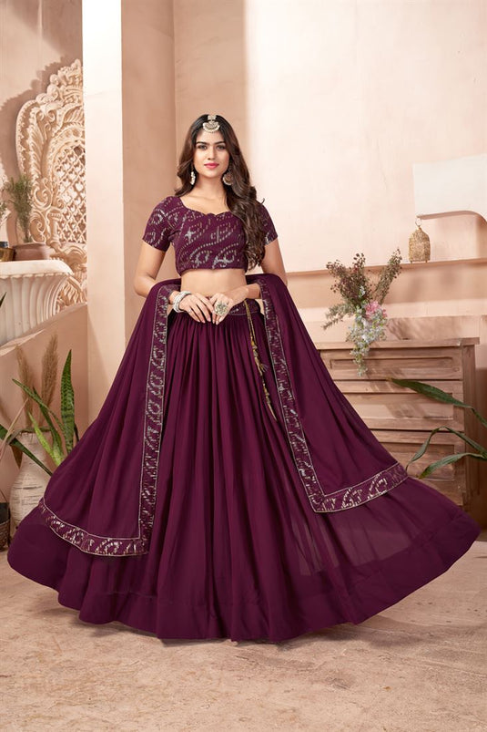 Georgette Wedding Wear Chaniya Choli In Purple With Sequins Work And Designer Blouse