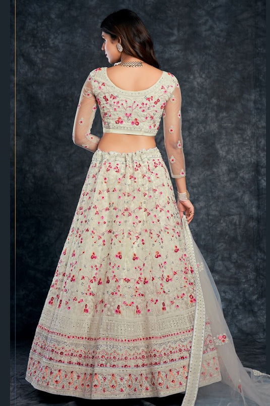 Net Fabric Sangeet Wear Lovely Lehenga In Off White Color