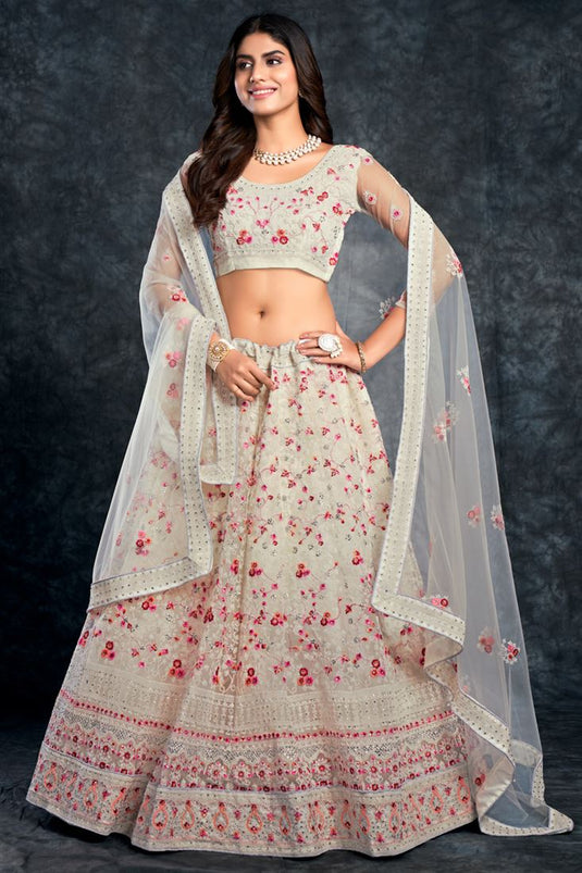 Net Fabric Sangeet Wear Lovely Lehenga In Off White Color