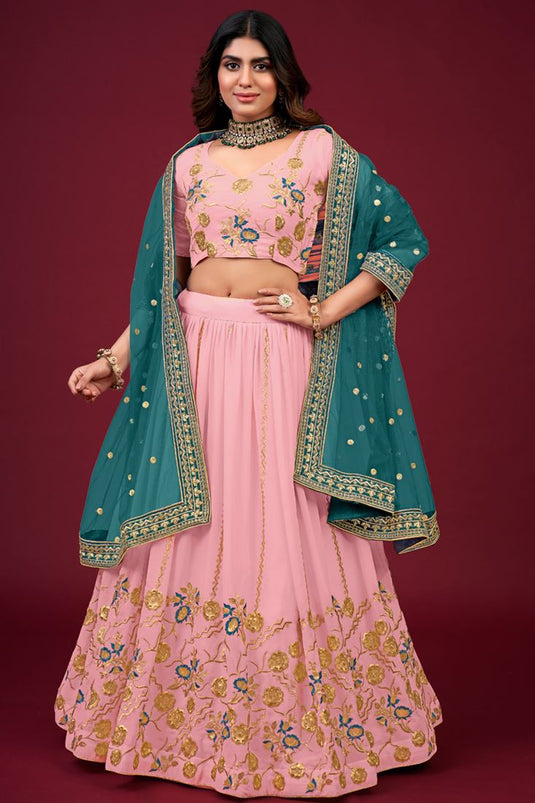 Pink Faux Georgette Embroidered Lehenga Choli