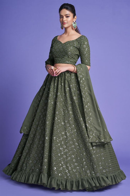 Trendy Mehendi Green Color Georgette Lehenga With Sequins Work