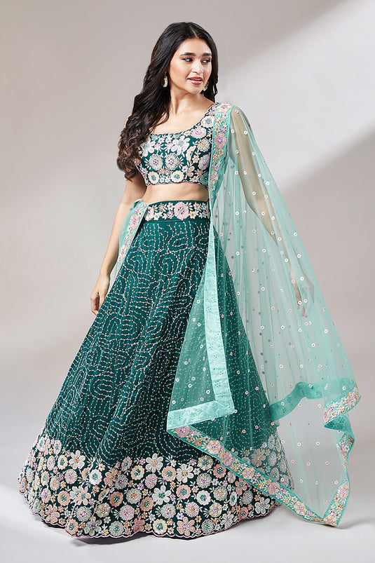 Teal Georgette Heavy Sequins Embroidery Lehenga Choli