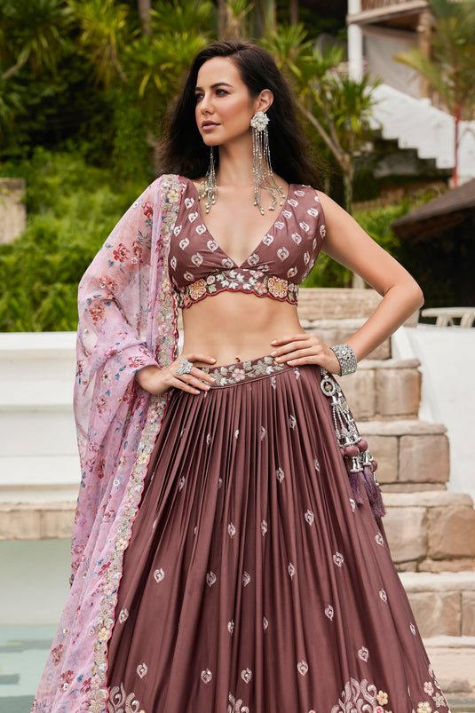 Brown Color Georgette Fabric Sequins Embroidery Lehenga Choli