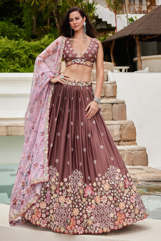 Brown Color Georgette Fabric Sequins Embroidery Lehenga Choli