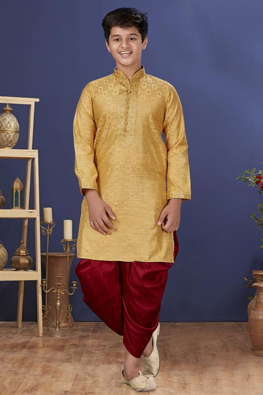 Golden Color Jacquard Silk Fabric Sangeet Wear Trendy Kids Wear Dhoti Style Kurta Pyjama