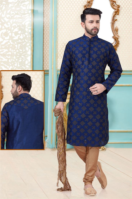 Blue Color Art Silk Fabric Embroidered Function Wear Men Kurta Pyjama