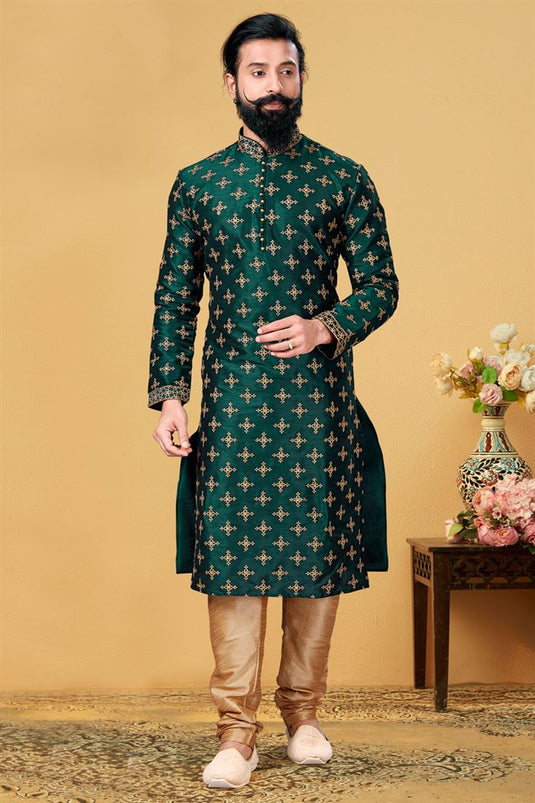 Teal Color Art Silk Fabric Sangeet Wear Embroidered Readymade Kurta Pyjama For Men