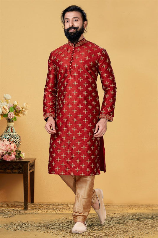 Red Color Art Silk Fabric Wedding Wear Embroidered Readymade Men Kurta Pyjama